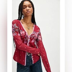 Free People Floral Long Sleeve Mesh Top – Pink Rose Print, Size: XS and S- NWOT